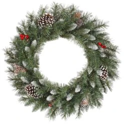 Vickerman Artificial Unlit Christmas Wreath With White Tip Cones And Red Berries (27793)