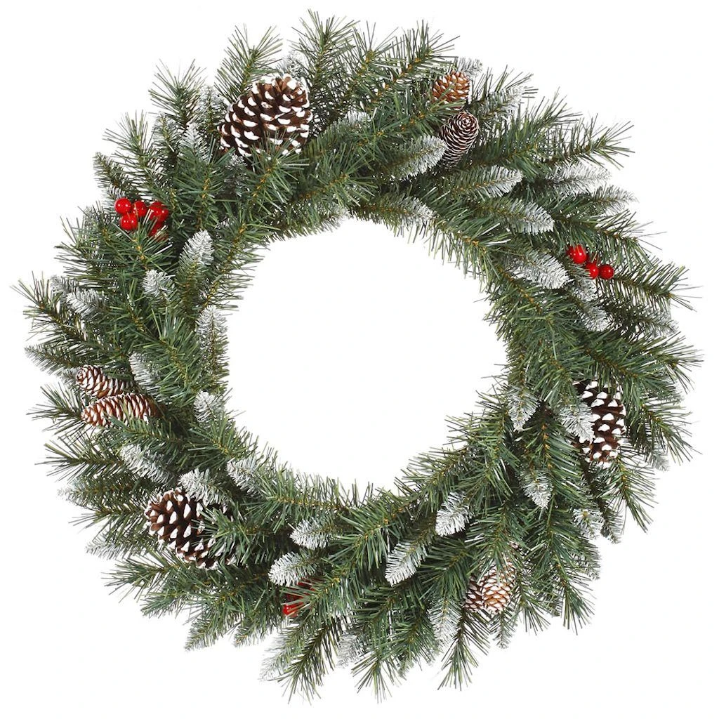 Vickerman Artificial Unlit Christmas Wreath With White Tip Cones And Red Berries (27793) 1 Vickerman Artificial Unlit Christmas Wreath With White Tip Cones And Red Berries (27793)